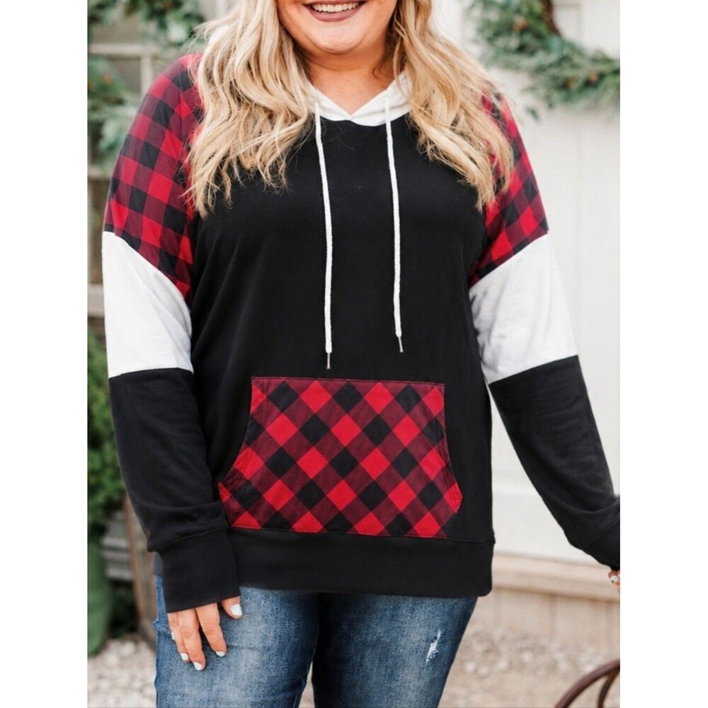 Black Red Buffalo Plaid Colorblock Hoodie XXL